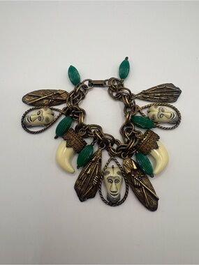Vintage Selro Selini Charm Bracelet Ivory Color African Masks And Emerald Beads
